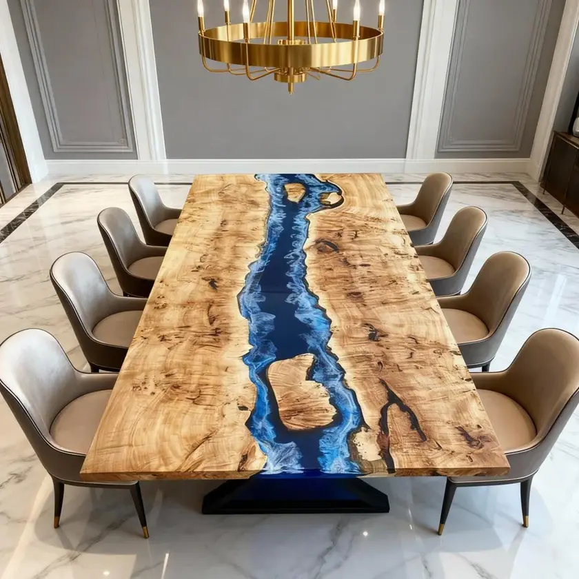 Poplar Wood Epoxy Resin River Table Sapphire Blue Resin