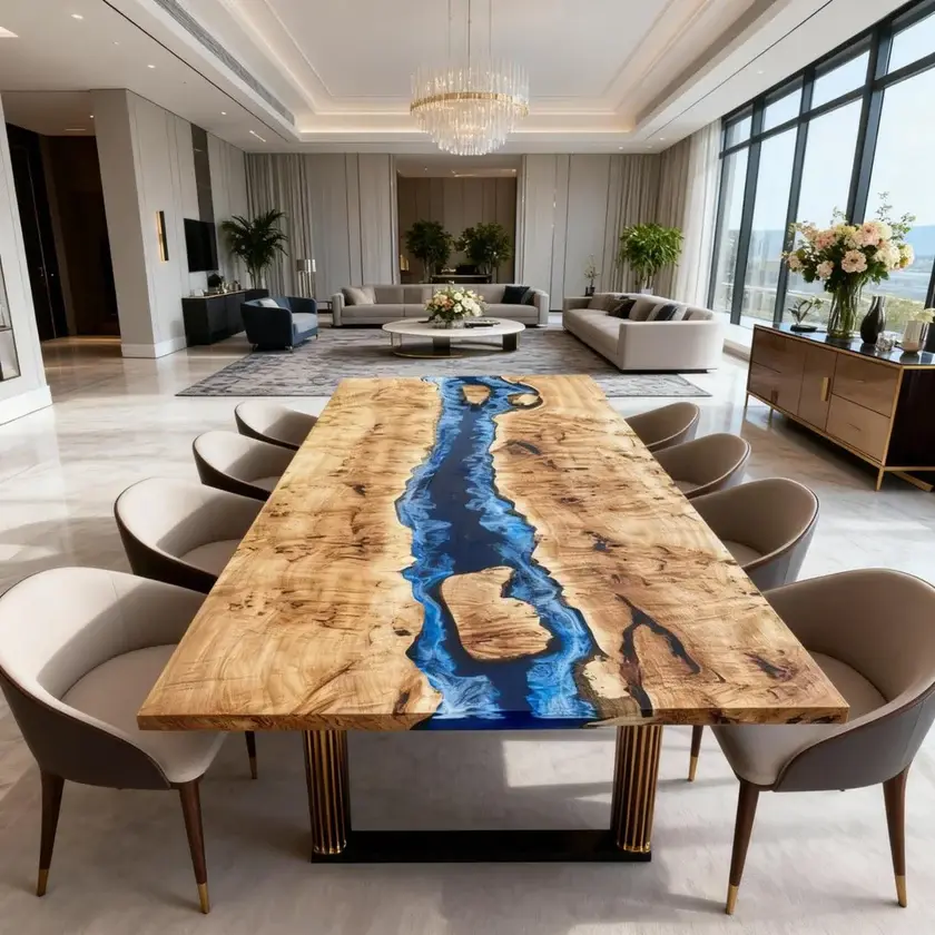 Poplar Wood Epoxy Resin River Table Sapphire Blue Resin