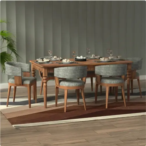 Aviral Wooden Dining Table Set 6 Seater (Medium Teak) - Solid Wood Dining Table