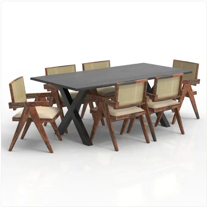 Koenka Wooden Dining Table Set 6 Seater in Live Edge (Medium Teak) - Solid Wood Dining Table