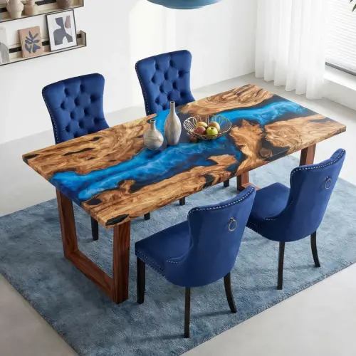 Olive Wood Epoxy Resin River Table Cobalt to Turquoise Resin
