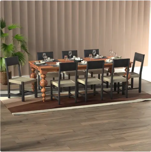 Puria Wooden Dining Table Set 8 Seater with woven seats (Medium Teak and Black Texture) - Solid Wood Dining Table