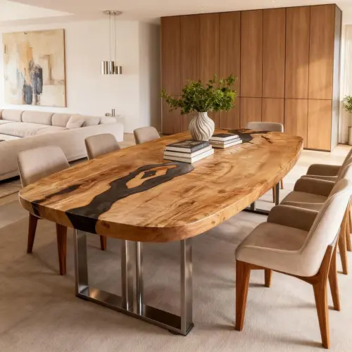 Walnut epoxy resin river table with sapphire blue resin river
