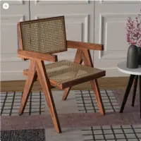 Chandigarh Chair — teak wood armchair with woven natural rattan seat and back