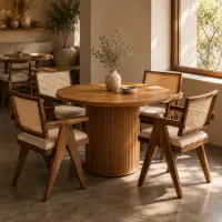 Round Walnut Wood Fluted Pedestal Dining Table - Solid Wood Dining Table