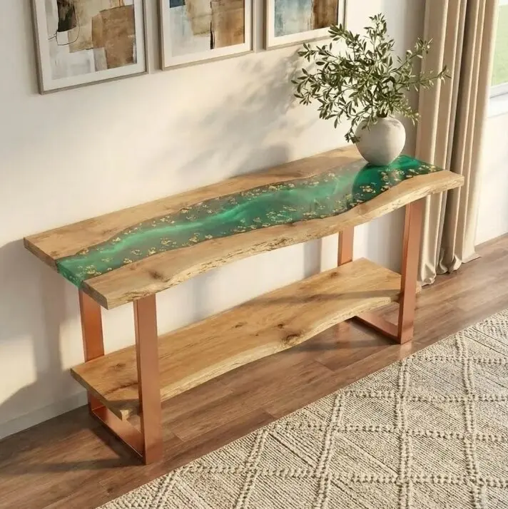 Seafoam Current Poplar Wood Console Epoxy Table