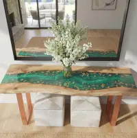 Seafoam Current Poplar Wood Console Epoxy Table