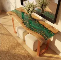 Seafoam Current Poplar Wood Console Epoxy Table