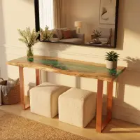 Seafoam Current Poplar Wood Console Epoxy Table