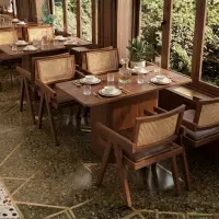 Rectangular Walnut Wood Fluted Pedestal Dining Table - Solid Wood Dining Table