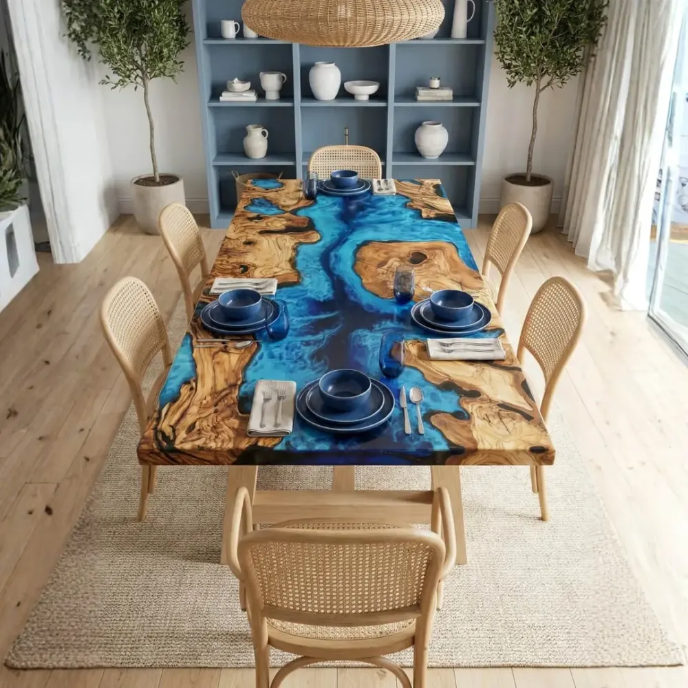 Olive Wood Epoxy Resin River Table Azure Blue Resin